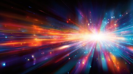 Colorful burst of light rays and particles radiating from a bright central point, evoking a cosmic or energetic explosion
