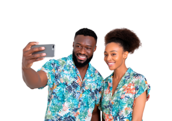 Smiling couple in tropical shirts taking a selfie for vacation memories on transparent background, PNG