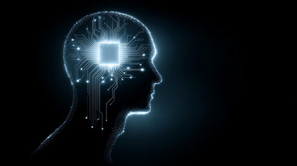 Obraz premium A striking silhouette of a human head with a glowing microchip and circuit board patterns inside, symbolizing artificial intelligence, technological integration, and advanced cognitive processing.
