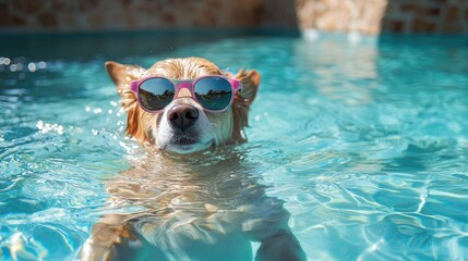Dog Enjoying a Sunny Day by the Pool with Stylish Sunglasses