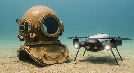 Fototapeta premium Juxtaposition of diving heritage: vintage helmet and drone resting on ocean floor