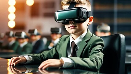 Futuristic 3D learning: schoolboy in virtual reality. - Powered by Adobe