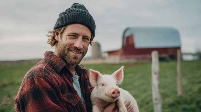 A happy farmer cradling a piglet on a beautiful farm, with a green field and a cozy barn creating the perfect rural atmosphere.