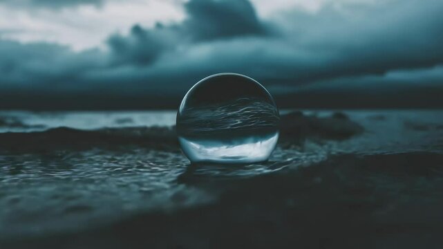 Glass sphere floating on water surface of dark stormy ocean.	