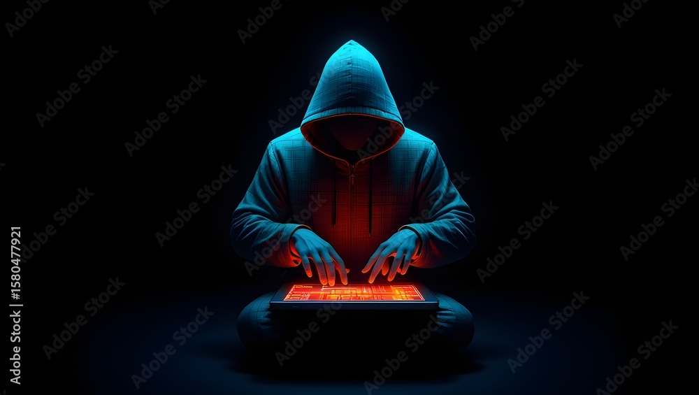 Wall mural anonymous hacker coding on laptop cybersecurity concept digital crime and internet fraud