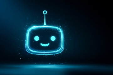 A cheerful, glowing blue cartoon robot head with a smiling face and antenna, floating above a reflective dark surface, symbolizing friendly artificial intelligence, chatbots, and technological assista