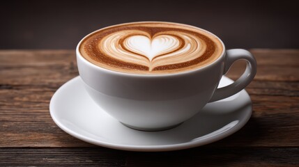 Obraz premium A cup of cappuccino with heart-shaped latte art sits on a white saucer atop a rustic wooden table