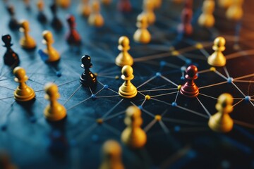 Network of people symbolized by chess icons in 3D, conceptual community ties