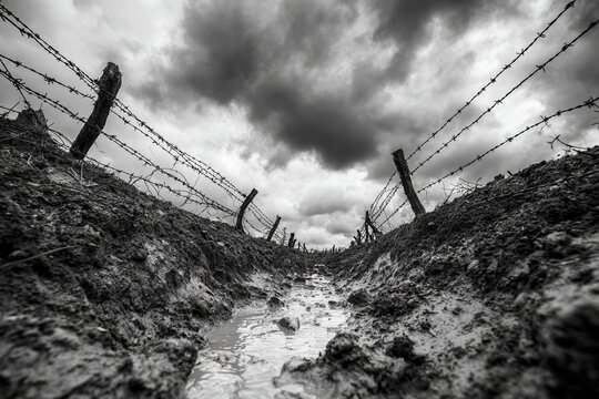 Evocative black and white image of a muddy trench with barbed wire under a dark and cloudy sky, reminiscent of a world war one battlefield. - Powered by Adobe