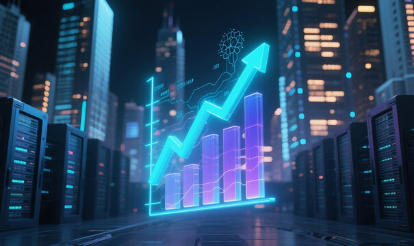 image featuring a glowing upward-trending line or bar graph floating in mid-air, set against a backdrop of a futuristic smart city at night or a high-tech AI server room