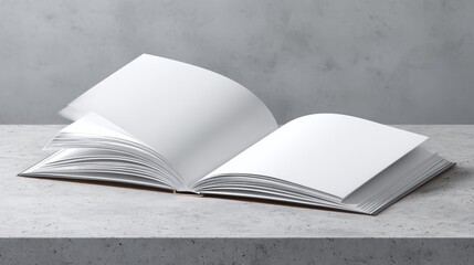 An open blank book rests on a gray concrete surface with a minimalist background, ready for writing or drawing