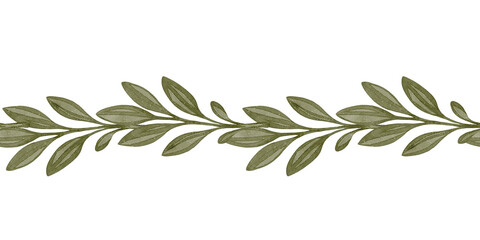 Watercolor drawing of a horizontal green leafy branch border. Hand-painted foliage in botanical style on white background. Perfect for cards, invitations, packaging, and natural-themed design.