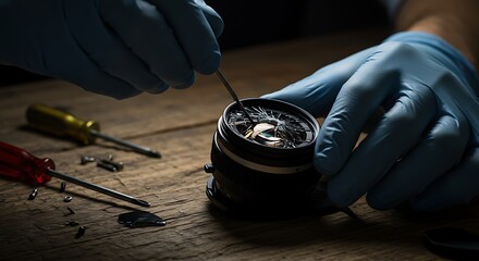A technician in blue gloves meticulously repairs a camera lens, using small tools on a wooden workbench.
