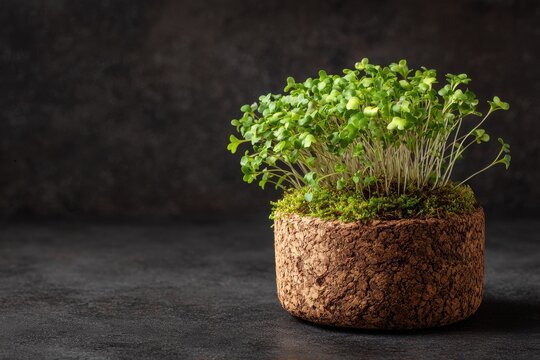Fresh Microgreens Sprouting in a Cork Pot on Dark Background.