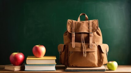 School concept with backpack, stack of books, red apple, and chalkboard background. Classic education theme with copy space, ideal for ads, posters, websites, and back-to-school promotions, banner