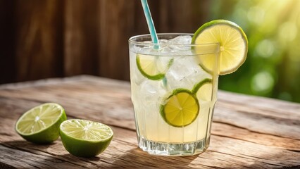 Refreshing glass of icy lemonade with lime slices and straw on rustic wooden table. Perfect summer vibes with copy space for text. Ideal for ads, menus, blogs, and seasonal promotions, banner, poster