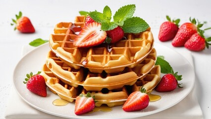 Golden crispy Belgian waffles stacked on a white ceramic plate with dripping maple syrup, fresh strawberries, and mint leaves. Delicious breakfast concept on white background, cafe, menu, restaurant
