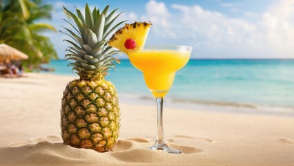 Tropical pineapple cocktail with a slice of fresh pineapple garnish on beach background. Vibrant summer vibes, perfect for travel ads, bar menus, vacation blogs, and tropical lifestyle promotions.