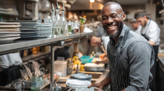 A joyful waiter picking up clean dishes from a station in the kitchen, interacting with the chefs and preparing for service in a lively restaurant setting.