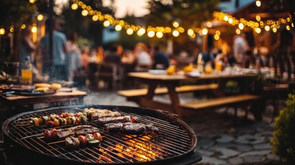 A backyard barbecue grill with skewers and steaks cooking, surrounded by people enjoying an outdoor evening party with string lights