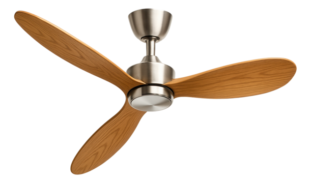 Ceiling fan with wooden blades, perfect for circulating air in a large living room.