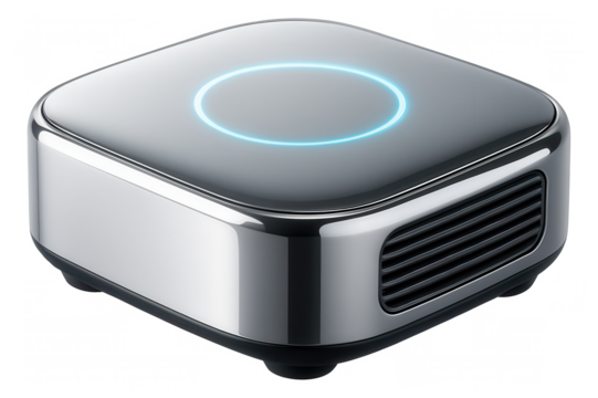 Compact smart hub with a glossy silver finish, used for integrating voice-controlled devices in a small urban apartment.