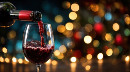 Red wine is being poured into a glass with colorful bokeh lights in the background, creating a festive and elegant atmosphere
