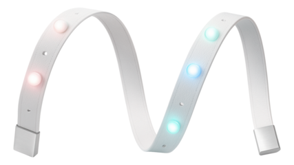 Smart LED strip lights with adhesive backing, ideal for creating accent lighting along the edges of a living room entertainment unit.