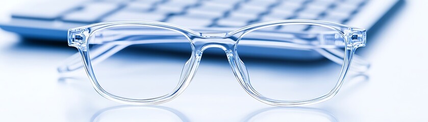 Clear Eyeglasses Resting On A White Surface With A Keyboard Behind