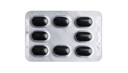 Blister pack of pain relievers with black capsules on silver background, showcasing medication isolated on transparent background