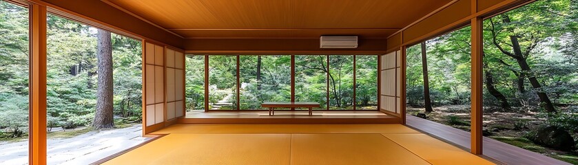 A tranquil interior overlooking a lush green outdoor natural scene