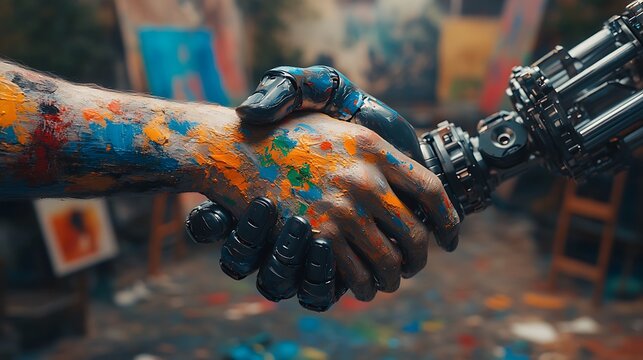 PaintCovered Hand Shakes a Robotic Arm in Artist's Studio Collaboration Concept