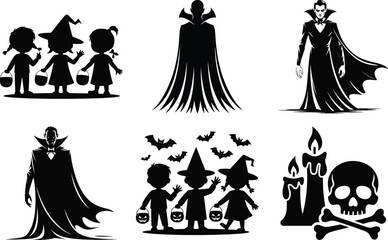 Halloween silhouette vector set with child, vampire, bat, candle, skull, bone, and witch illustration