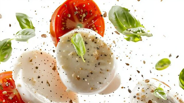 Fresh, dynamic take on Caprese salad. Mozzarella, tomato slices, basil leaves fly in mid-air