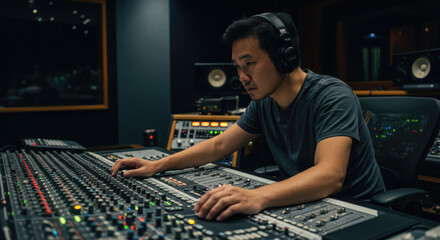 asian male engineer working in professional recording studio with large mixing console and monitors. music production. audio engineering, sound design.