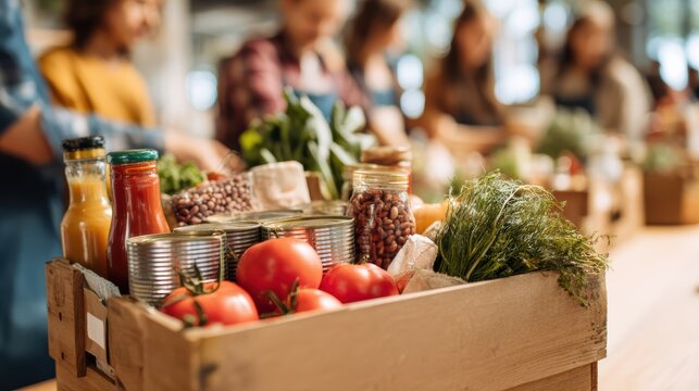 A wooden crate filled with fresh vegetables, canned food, and jars sits on a table, with people blurred in the background preparing or sorting items