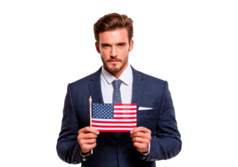 Patriotic businessman holding american flag for independence day celebration on transparent background, PNG