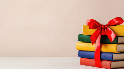 Colorful stacked books with red ribbon, perfect for gifting or celebrating special occasion, conveying joy and creativity