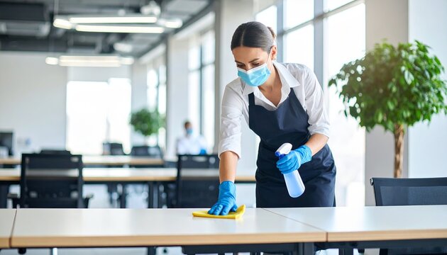 A professional cleaner wearing a face mask, actively disinfecting a table in an empty office space - capturing hygiene, safety, and cleanliness