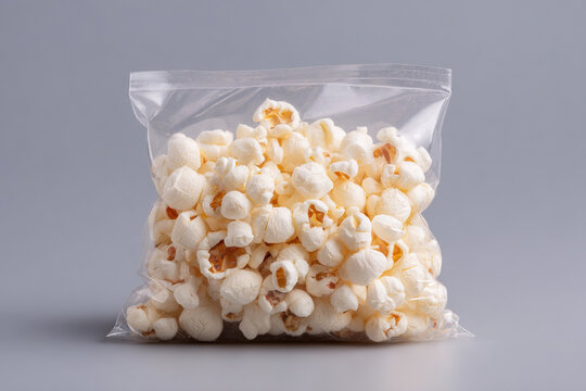 Bag of popcorn: Freshly popped kernels fill a clear bag, snack time favorite. Simple packaging, ready to enjoy. Movie night treat.