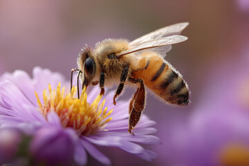 Busy honeybee collecting nectar on a vibrant purple flower in a sunlit garden, wings glistening with dew, capturing nature's harmony.