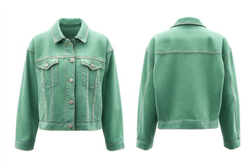 Naklejka premium Trendy light green denim jacket, showcasing both front and back views on a white background. Fashionable and versatile casual wear.