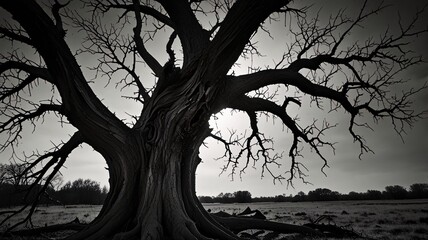 Twisted Gnarled Dead Tree in Black and White with Dramatic Light V2