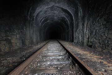 Naklejka premium Old railway tunnel with rusty tracks vanishing into pitch-black darkness.