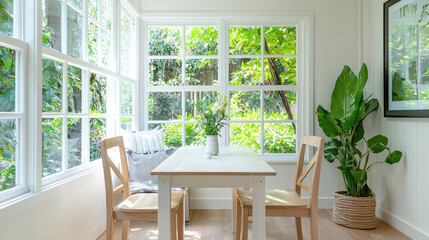 Bright and airy dining area with large windows, greenery outside, and simple wooden table. serene space for relaxation and meals