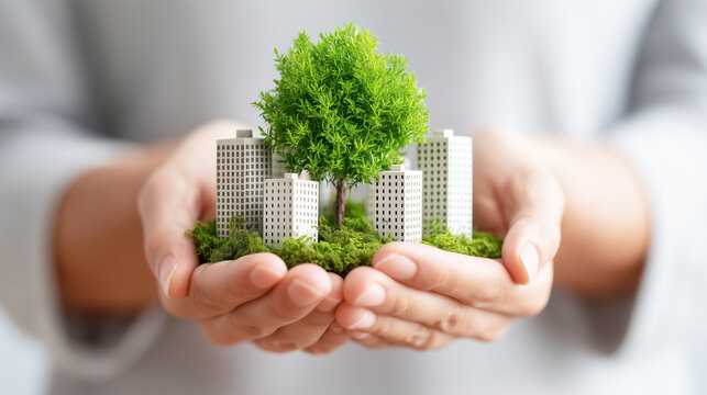 Female architect holding miniature buildings and trees in her hands representing sustainable urban development and environmentally responsible green architecture