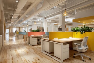 Open desk layout with subtle pops of color and warm light.