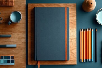 Organized modern desktop with closed notebook and neat pencil arrangement.