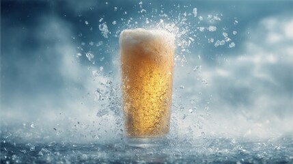 As ice breaks, a large, misty beer glass gushes out. The beer inside the glass is golden, fresh, and frothy, with a misting effect