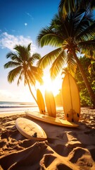 Obraz premium Tropical beach sunset with surfboards